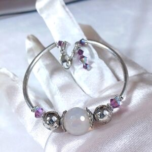 Liquid Silver Bracelet White Stone / W Crystal Purple Beads New